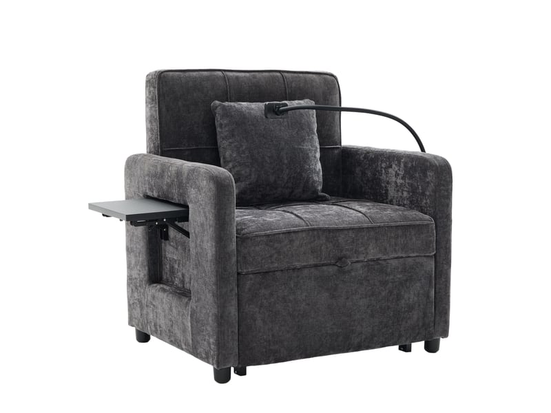  Fauteuil convertible tcqpz chenille gris fonce avec coussin rangement tablette laterale et dossier reglable 167 x 79 x 83 cm  - Conforama A