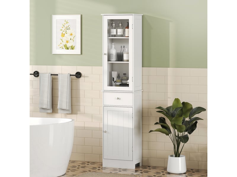  Meuble de salle de bain gain de place avec placard, tiroir et étagères en mdf, 40 x 27 x 171,5 cm, blanc  - Conforama C