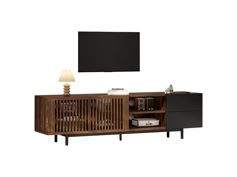  Meuble tv 160 cm pour écran jusqu’à 60 pouces, 2 portes à lattes, 2 tiroirs, niches ouvertes, passe-câbles, mdf effet noyer et noir, pour salon  - Conforama A