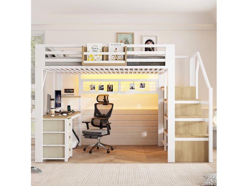 Lit mezzanine 140 × 200 cm en métal avec bureau, 3 tiroirs, étagères, penderie, escalier de rangement et led - Conforama B