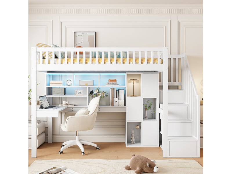 Lit mezzanine enfant 90 x 200 cm avec bureau, rangements et led, blanc - Conforama E