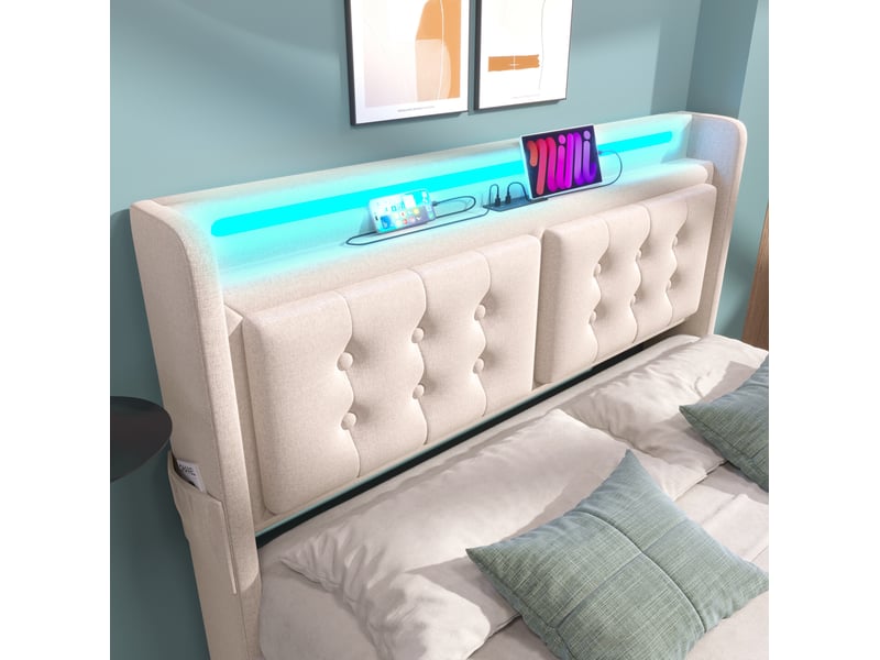 Lit rembourré 160 × 200 cm 2 places avec led réglable, prises, usb, type-c et coffre, matelas inclus, beige  - Conforama E