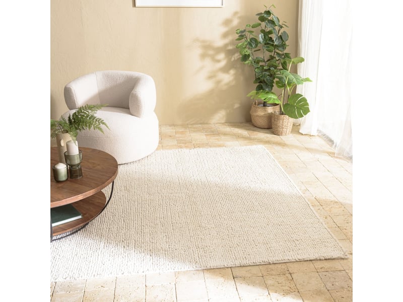  Sacha - tapis rectangulaire 300x400cm en laine bouclée couleur blanc  - Conforama B