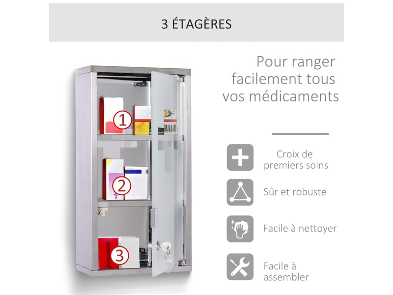  Armoire à pharmacie 2 étagères 3 niveaux verrouillable porte verre dépoli trempé logo croix 25l x 12l x 48h cm acier inox  - Conforama R