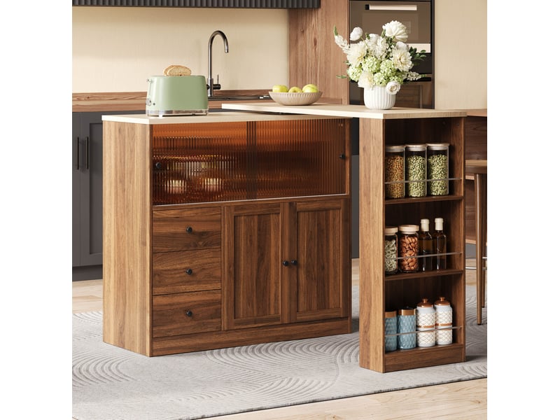  Desserte de cuisine extensible à plateau pivotant à 360 degrés avec 3 tiroirs, porte vitrée et led rvb pour cuisine  - Conforama C