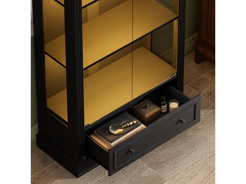  Vitrine 80x35x180 cm en mdf et verre noir avec led et tiroir  - Conforama E