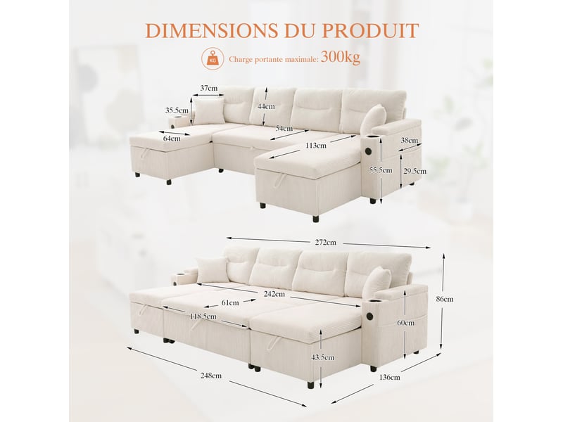 Canapé d’angle convertible 4 places en velours côtelé beige avec rangements, usb-c et porte-gobelets - Conforama C