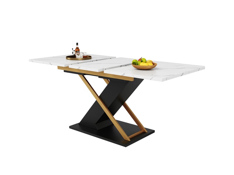 Table à manger extensible 120-160 x 80 cm – plateau mdf effet marbre – noir et doré - Conforama A