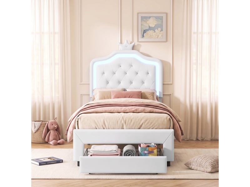  Lit enfant 90x200, lit simple princesse avec tiroir de rangement, tête de lit lumineuse led, capitonnage cristaux et sommier, blanc  - Conforama B