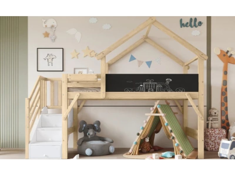  Lit superposé enfant 90×200cm, anti-chute + toit + tableau, escalier 3 casiers, pinmdf, blancnaturel  - Conforama B