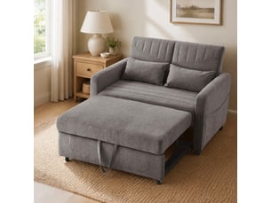 Canapé droit convertible 2 places gris en tissu, dossier réglable 3 positions, idéal pour petits espaces