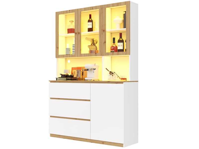  Vitrine haute 120x200x24,5 cm blanc et chêne mdf, led et rangement multifonction pour salon et cuisine  - Conforama A