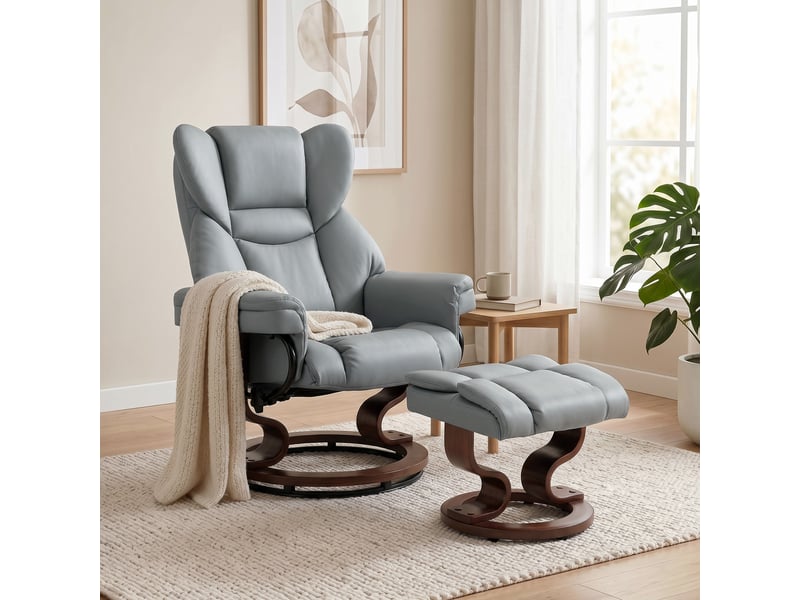  Fauteuil inclinable pivotant avec repose-pieds, dossier haut, mousse haute densité, base en bois, gris clair  - Conforama D