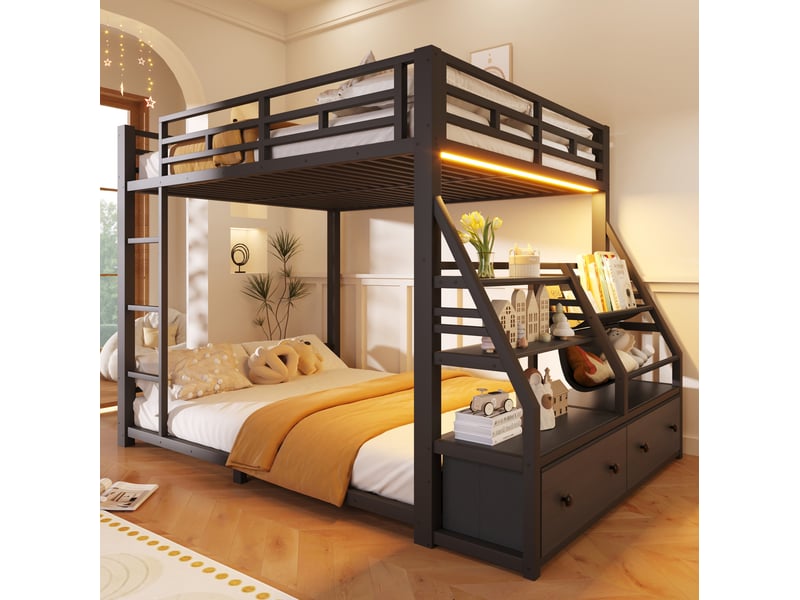  Lit superposé 140x200 cm avec led et 2 tiroirs en tissu, noir  - Conforama B