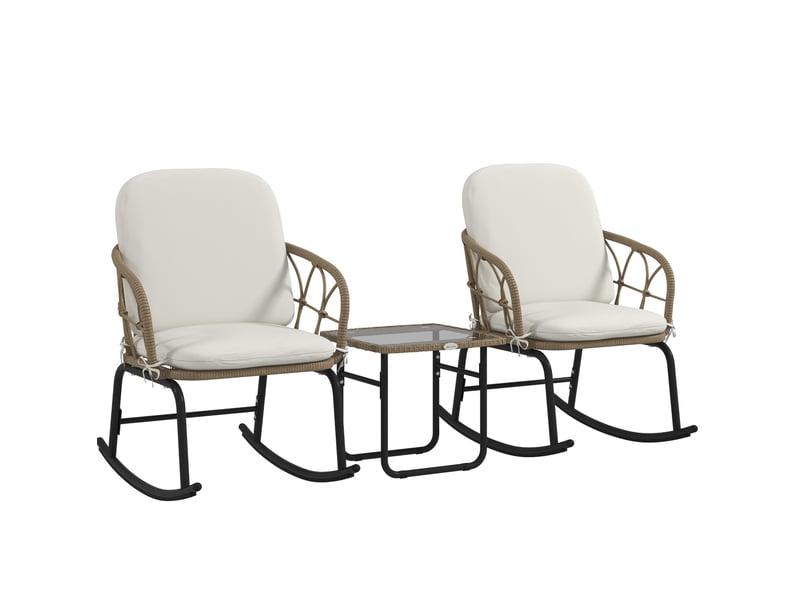  Salon de jardin 3 pièces avec 2 fauteuils à bascule 63x82x75 cm – jaune – table basse et coussins inclus  - Conforama A
