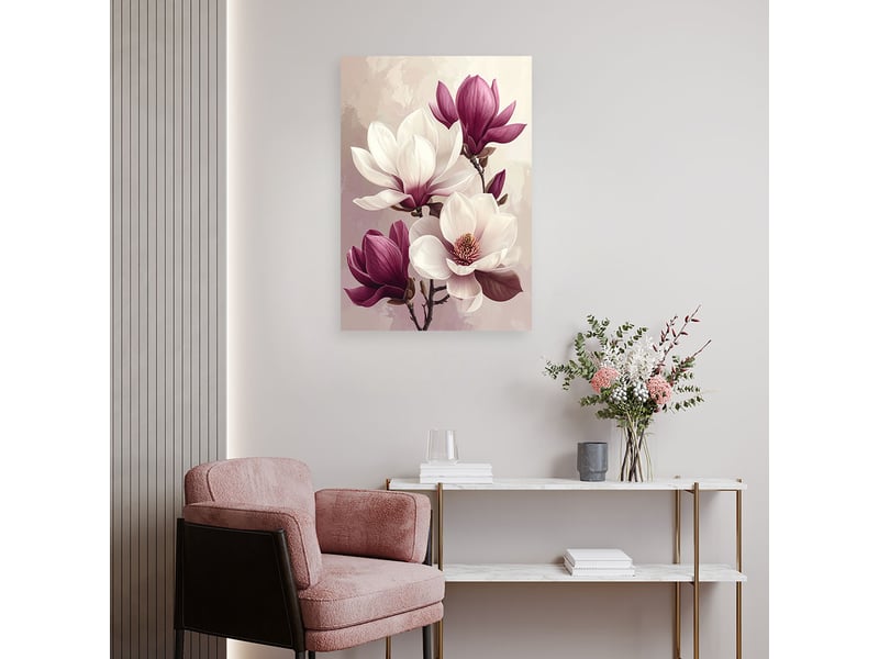 Tableau moderne, magnolias blancs à bourgeons bordeaux sur fond clair 80x120 1312611149 - Conforama B