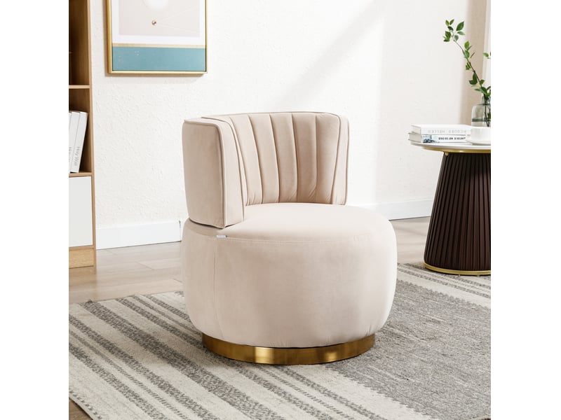  Fauteuil pivotant à 360° 62,5x62x69,5 cm, assise moelleuse velours, structure métal, canapé une place, beige et doré  - Conforama D
