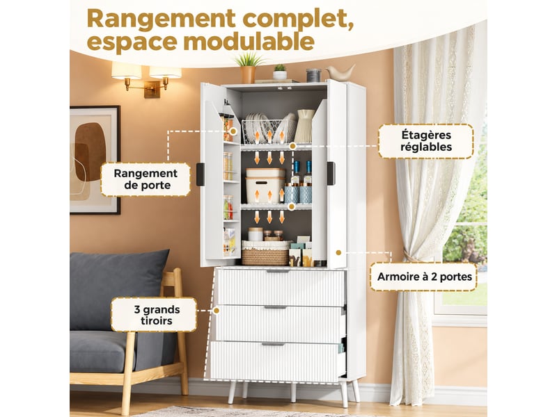  Buffet haut cuisine,2 portes battantes + 3 tiroirs,meuble de rangement ,décor blanc  - Conforama D