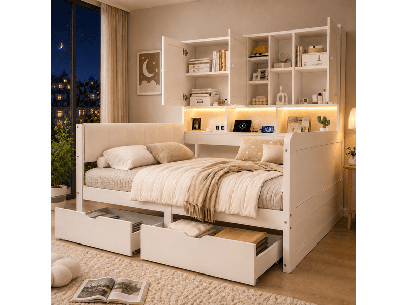  Lit d'enfant 140 x 200, équipé d'un éclairage led, d'un port usb et d'un tiroir, blanc  - Conforama B