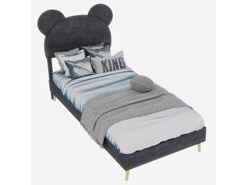  Lit enfant 90x200 cm avec tête dessin animé, tissu et métal, gris, sans matelas  - Conforama R