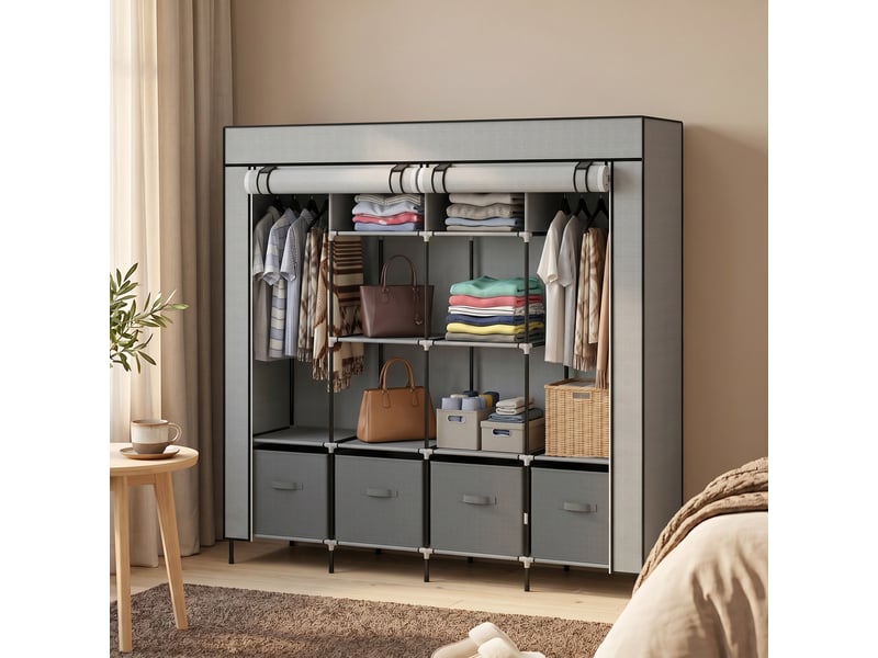  Armoire en tissu, armoire portable à 10 compartiments, 2 tringles et 4 tiroirs, 166 x 42,5 x 169,5 cm, grise  - Conforama C