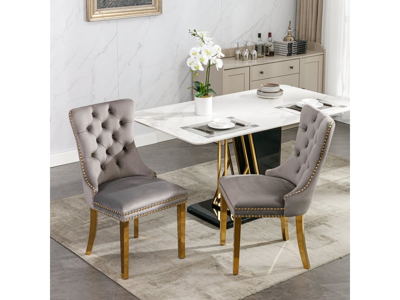  Lot de 2 chaises de salle à manger en velours gris pieds dorés capitonnées clous tapissier  - Conforama C