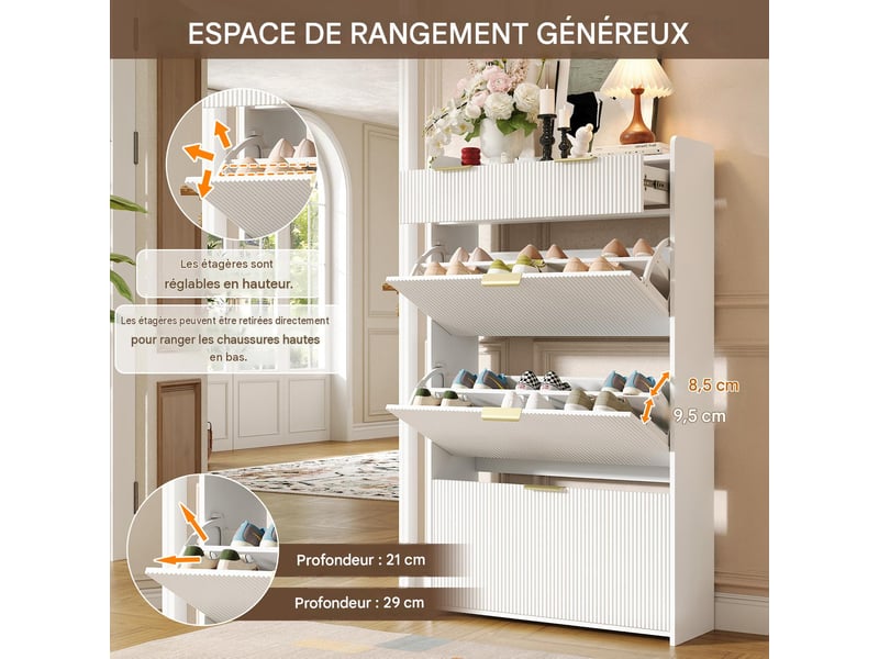  Meuble à chaussures 3 abattants et 2 tiroirs blanc 80 x 25 x 135 cm N657P45809091W - Conforama E