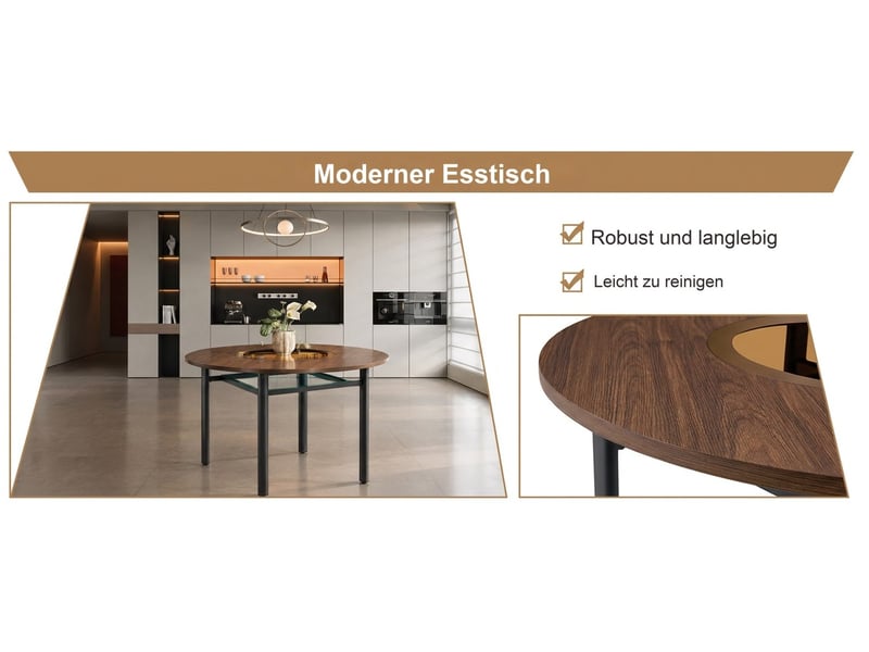  Table à manger ronde 100 cm en mdf et verre, pieds métal noirs, marron  - Conforama D