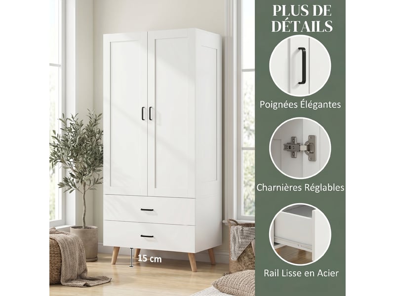  Armoire chambre penderie 2 portes à fermeture douce, 80x54x180cm, 2 tiroirs et barre de suspension, blanc  - Conforama R