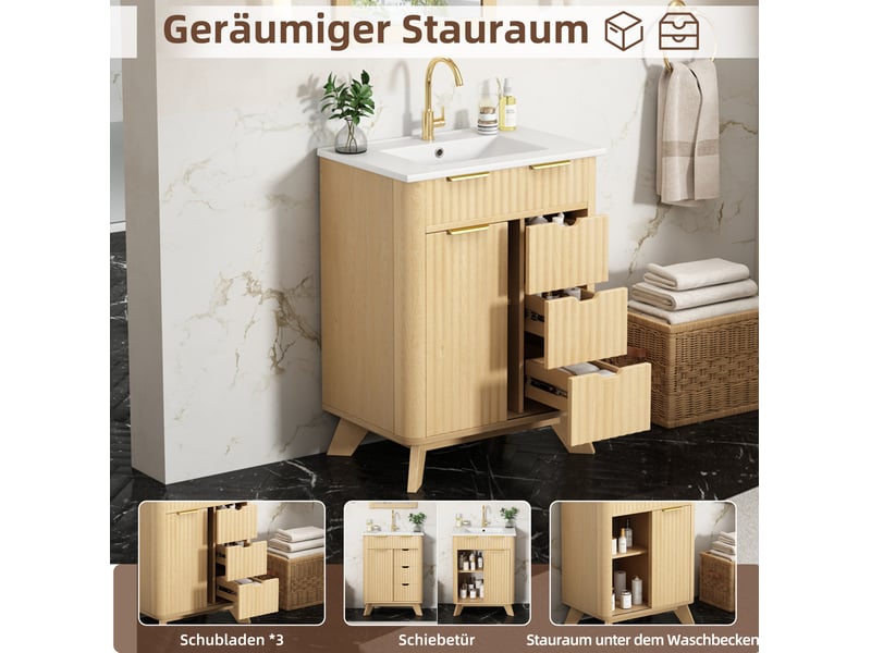  Meuble sous vasque avec 3 tiroirs porte coulissante et vasque en céramique pour salle de bain 61 × 47 × 90 cm  - Conforama E