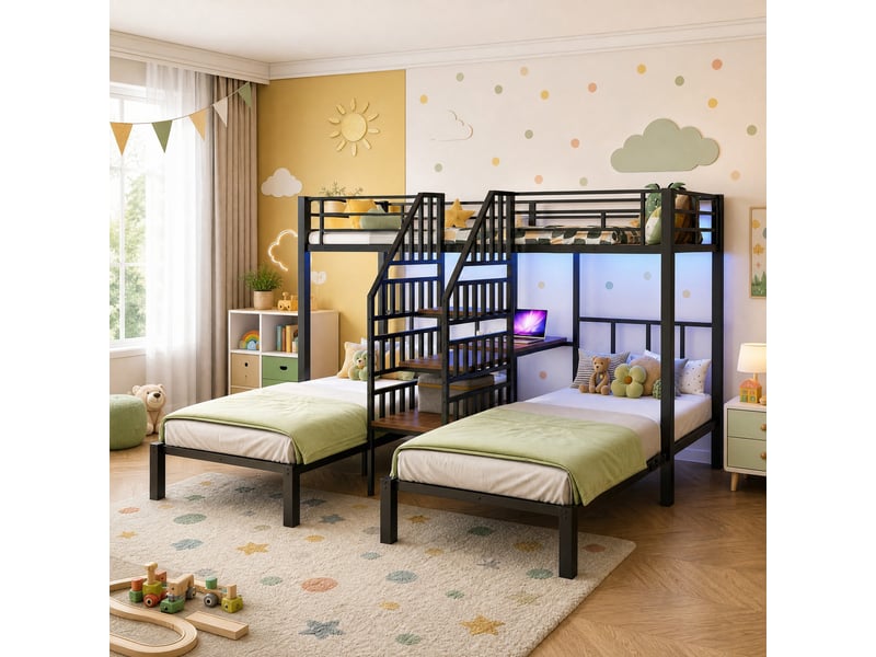  Lit superposé enfant 3 couchages 90 x 200 cm noir avec led, bureau, rangements et prises usb  - Conforama D
