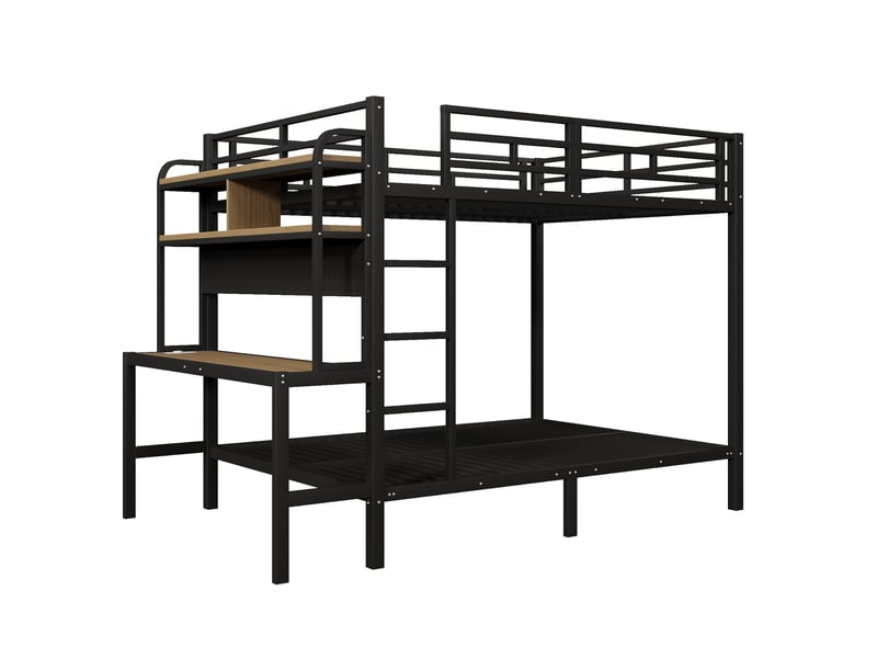  Lit superposé 140x200 cm avec bande lumineuse led et port usb, lit enfant avec étagère et bureau, structure en fer, noir  - Conforama B