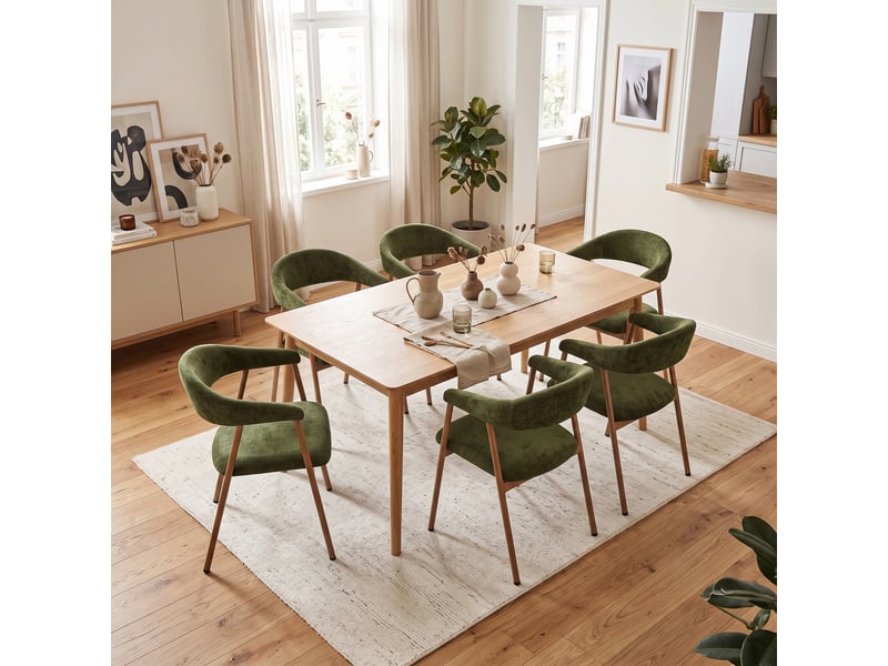  Chaises de salle à manger lot de 6 rembourrée en chenille, pieds en métal effet bois, vert  - Conforama B