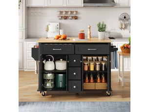 Desserte de cuisine noir et naturel, plateau extensible, 5 tiroirs, 4 portes, sur roulettes