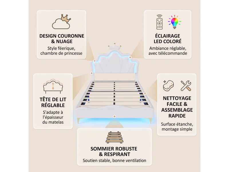 Lit simple 140x190 cm, lit capitonné enfant avec rgb led et tête de lit couronne réglable, lit capitonné avec sommier, blanc  - Conforama C
