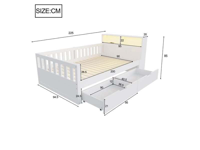 Lit simple 90 × 200 cm avec 2 tiroirs, rangements, led, prises usb et barrières en bois blanc pour chambre - Conforama C