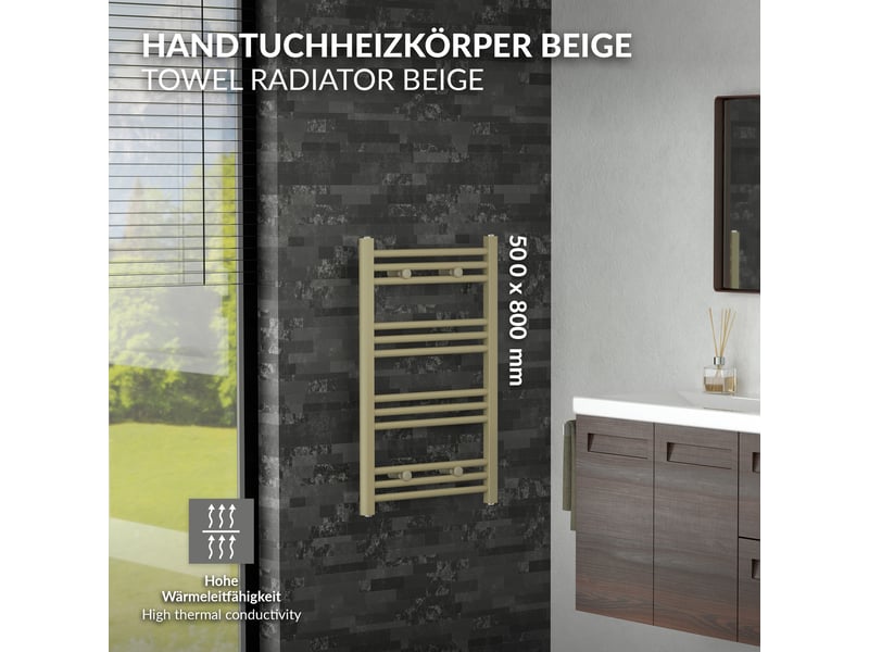  Luxebath sèche-serviettes design sahara 500 x 800 mm, raccordement latéral, droit, haute conductivité thermique, radiateur mural porte-serviettes pour salle de bain, puissance 255 w, beige mat ECD Germany GmbH - Conforama B