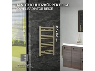 Luxebath sèche-serviettes design sahara 500 x 800 mm, raccordement latéral, droit, haute conductivité thermique, radiateur mural porte-serviettes pour salle de bain, puissance 255 w, beige mat