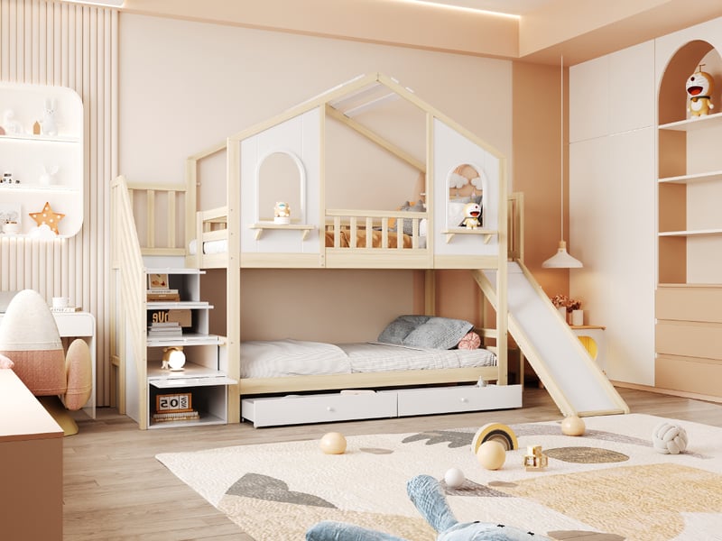 Lit superposé cabane 90x200 cm, toboggan, escalier avec rangement, 2 tiroirs, pin, contreplaqué et mdf, naturel et blanc - Conforama B