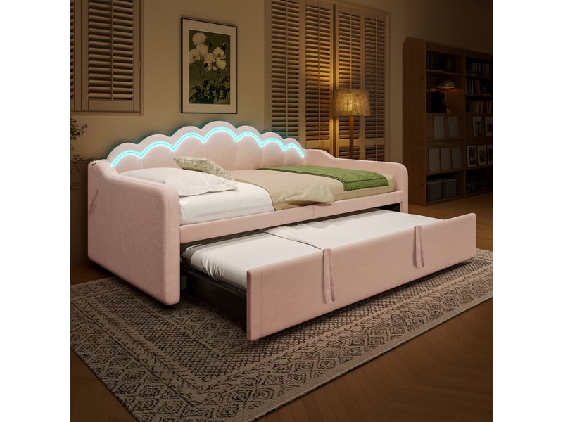  Canapé-lit 90x200 cm avec bande led multicolore, lit simple en velours avec lit gigogne, lit d'enfant, lit 1 personne, rose  - Conforama C