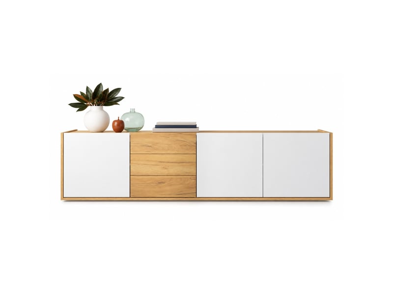  Meuble tv modenvie 171,5 x 35 x 47 cm 3 portes 3 tiroirs mdf blanc et couleur bois  - Conforama A