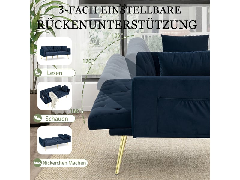  Canapé 2 places, canapé de salon, en velours, bleu, dossier réglable 3 positions, 2 coussins inclus, design moderne, pieds en métal  - Conforama R