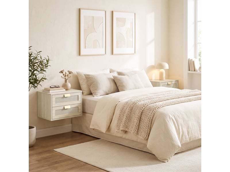 Ensemble de 2 tables de chevet suspendues avec 2 tiroirs et façade en rotin naturel pour chambre à coucher, 40 x 30 x 27,6 cm, chêne - Conforama C