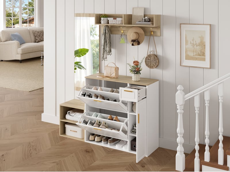  Ensemble vestiaire d'entrée 4 pièces avec meuble à chaussures, banc, panneau mural et miroir, blanc et décor bois naturel  - Conforama D