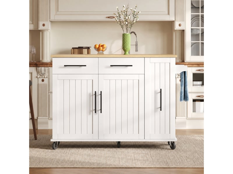  Îlot de cuisine à roulettes avec plateau rabattable, rangement coulissant à trois niveaux et 2 tiroirs, blanc et bois naturel  - Conforama D