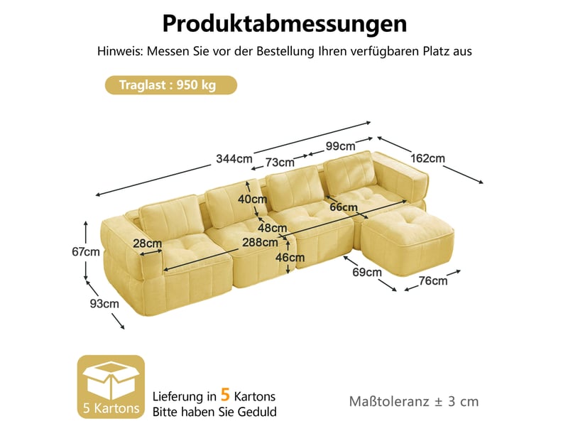  Canapé modulable 4 places 344x162x67 cm, sans cadre, d, 32, mousse haute densité, assise profonde, avec pouf, polyester, jaune  - Conforama C