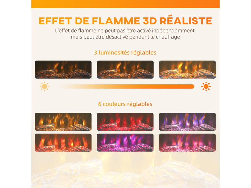  Cheminée électrique 1000w2000w, fausse cheminée effet flamme 3d à 6 couleurs et 3 luminosités, 68,5x27,5x63cm, marron  - Conforama D