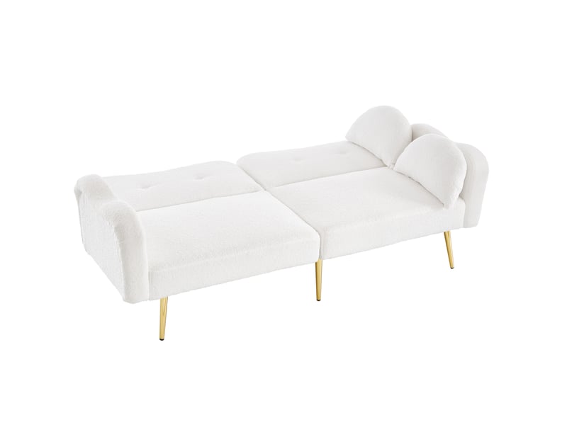  Canapé droit convertible 2 places blanc en tissu bouclette, dossier réglable 3 positions et pieds métal doré  - Conforama D