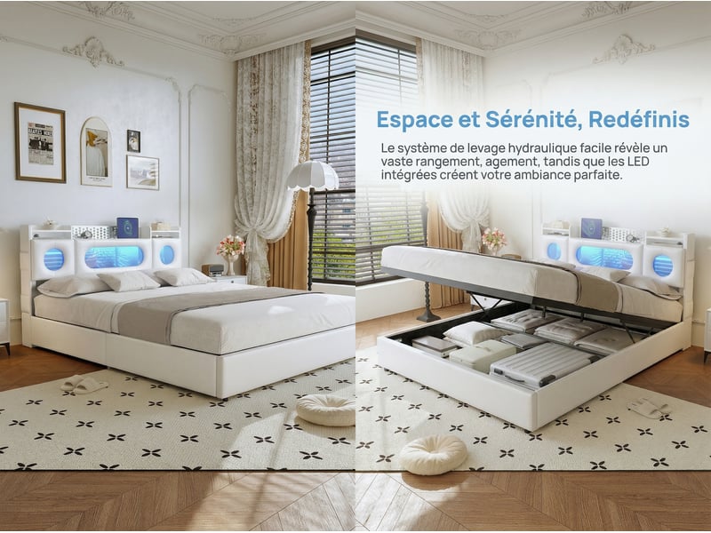  Lit coffre 160x200 cm en tissu lin - éclairage led et port usb - tête de lit avec rangement - sommier à lattes avec rangement hydraulique  - Conforama D