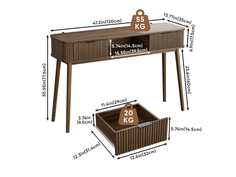  Console,120x35x77,6 cm,2 tiroirs style vintage,mdf,effet noyer  - Conforama C